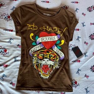 Ed Hardy Brown Tee with Multicolor Heart & Tiger Graphic